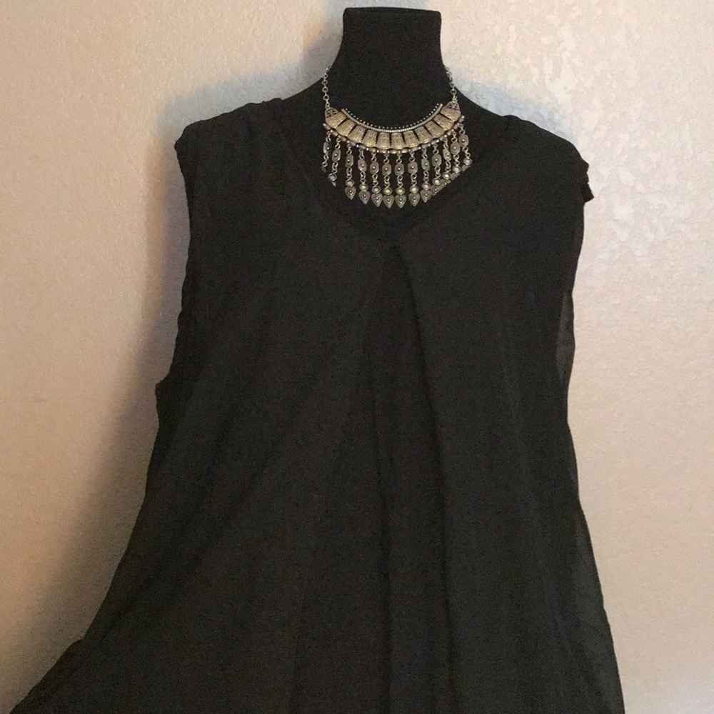 Long Black Top W/See Through Shell
